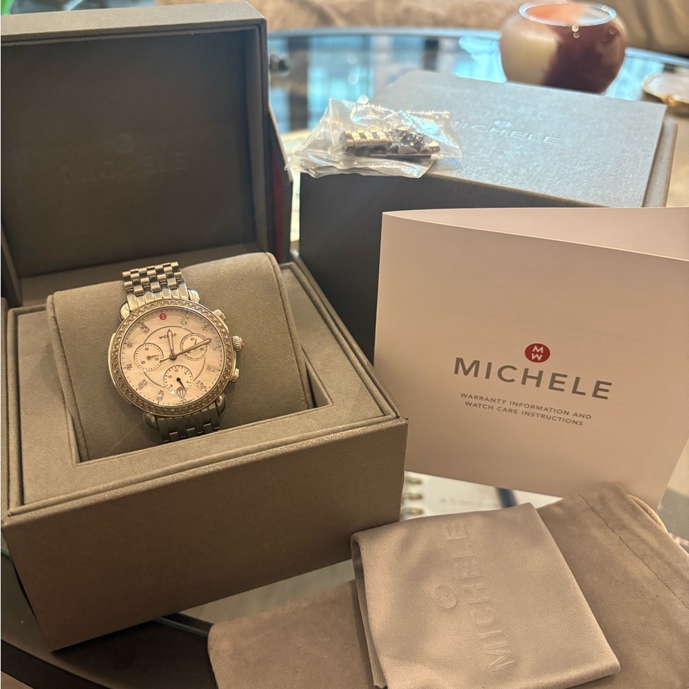 Michele Silver Watch with Diamond Accents